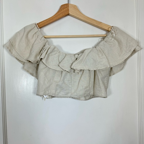 Zara Ecru Linen Blend Ruffle Crop Top - Picture 5 of 7